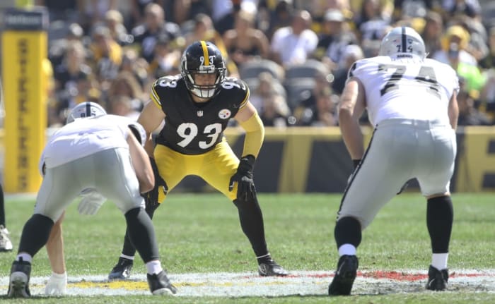Sep 19, 2021; Pittsburgh Steelers middle linebacker Joe Schobert (93) against the Las Vegas Raiders. Mandatory Credit: Charles LeClaire-USA TODAY Sports